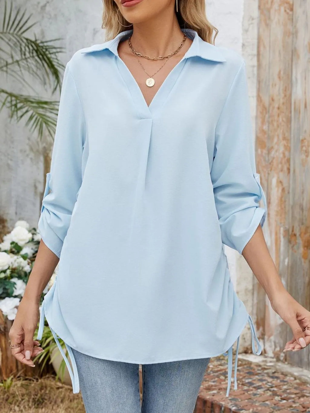 Drawstring Johnny Collared Three-Quarter Sleeve Top