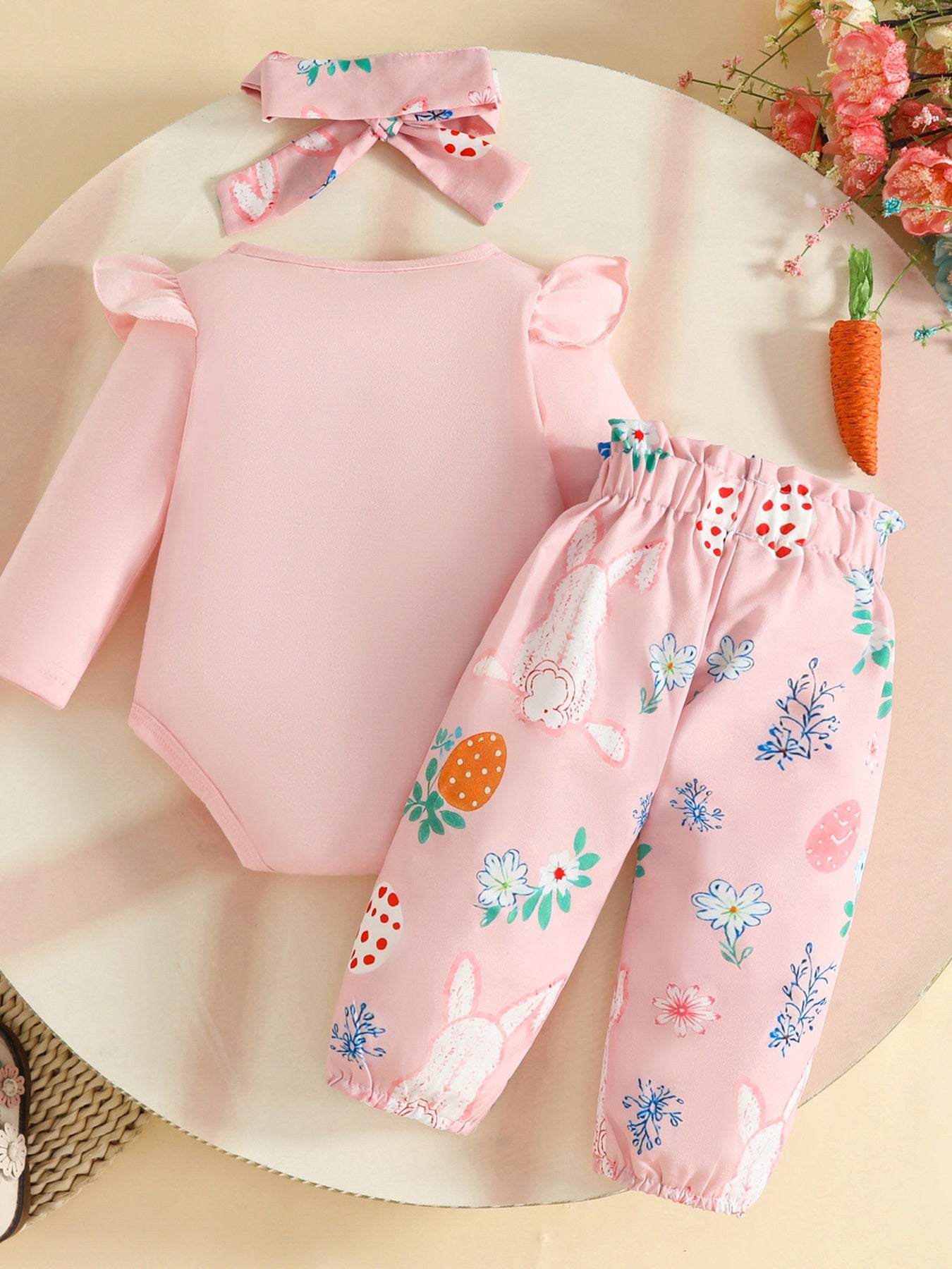 Children's Easter Bunny Long Sleeve Bodysuit and Pants Set with Headband