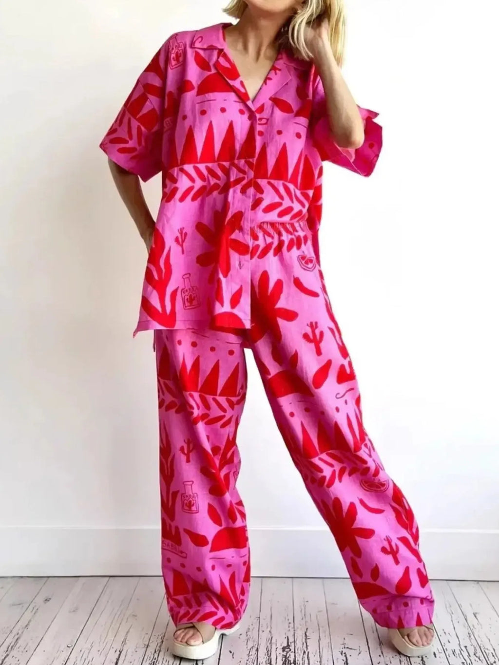 Printed Button Up Shirt and Pants Set