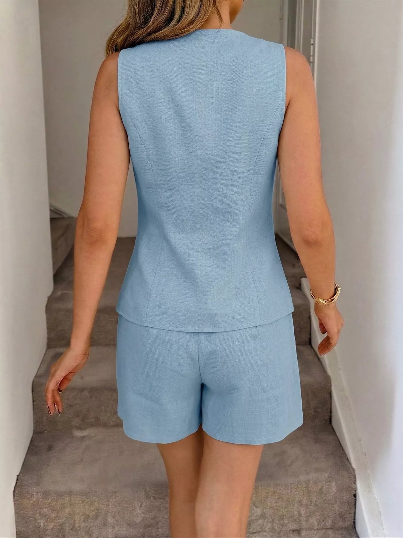 Button Up Vest & Shorts Two-Piece Set