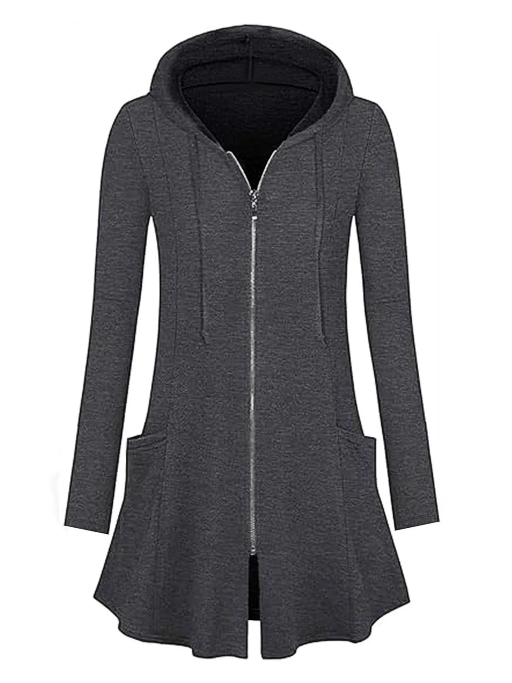 Longline Hooded Zip-Up Cardigan Coat with Flared Hem