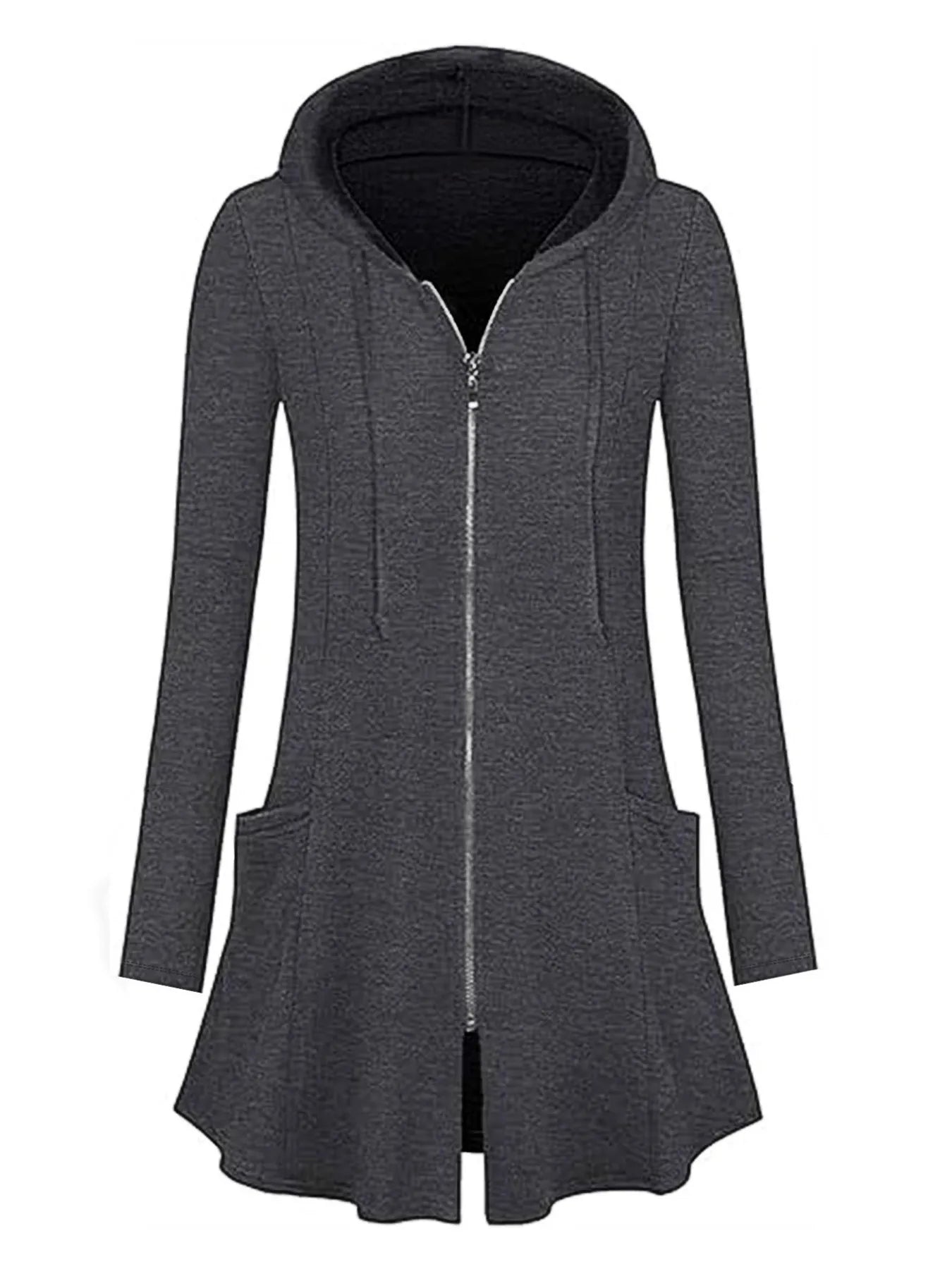Longline Hooded Zip-Up Cardigan Coat with Flared Hem