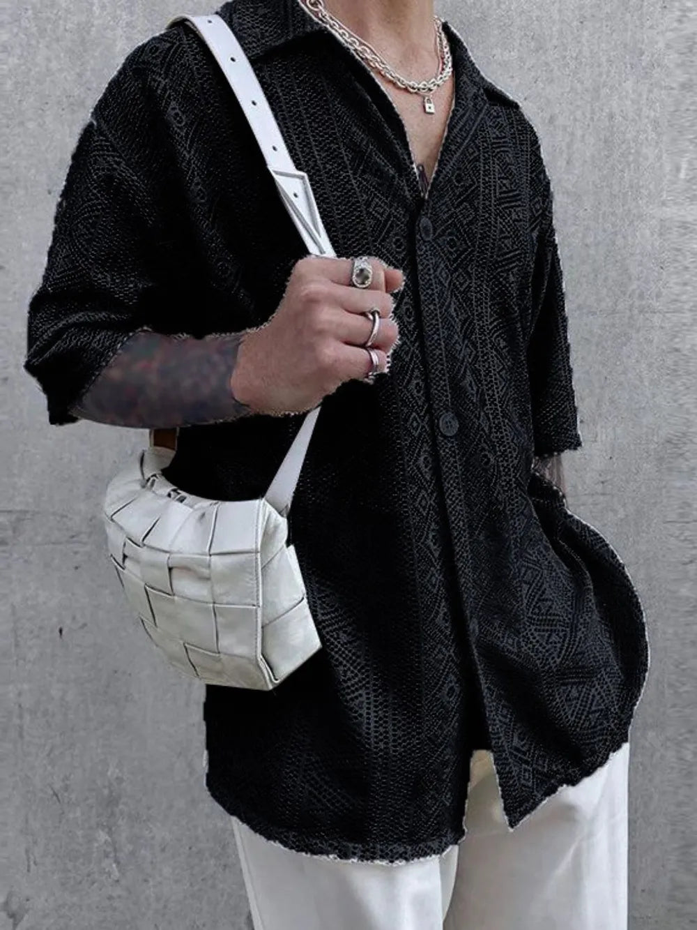 Men's Full Size Lace Half Sleeve Button Down Shirt Plus Size