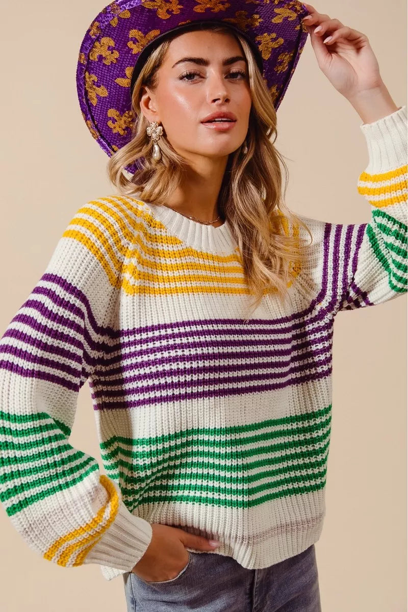 SO ME Mardi Gras Color Striped Raglan Sweater Top