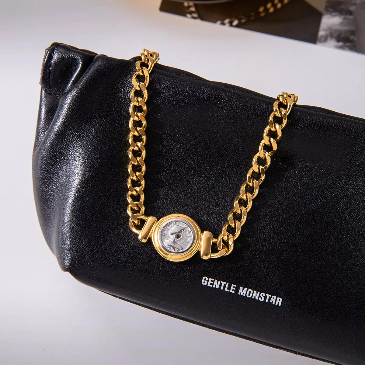 18K Gold-Plated Vintage Coin Charm Curb Chain Necklace