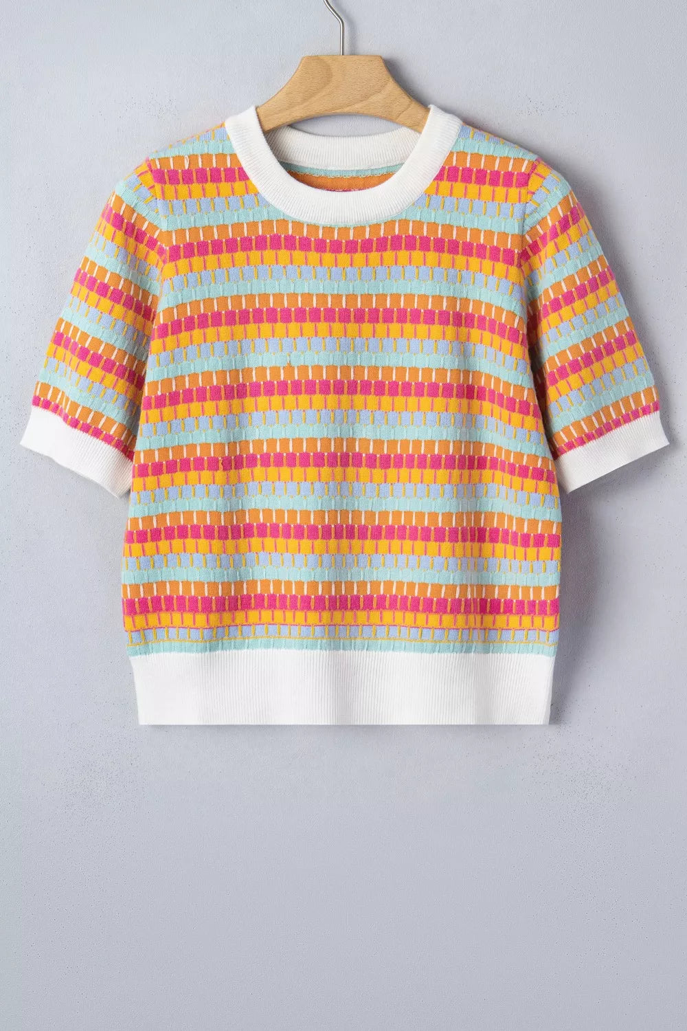 Abstract Striped Knit Short Sleeve Sweater