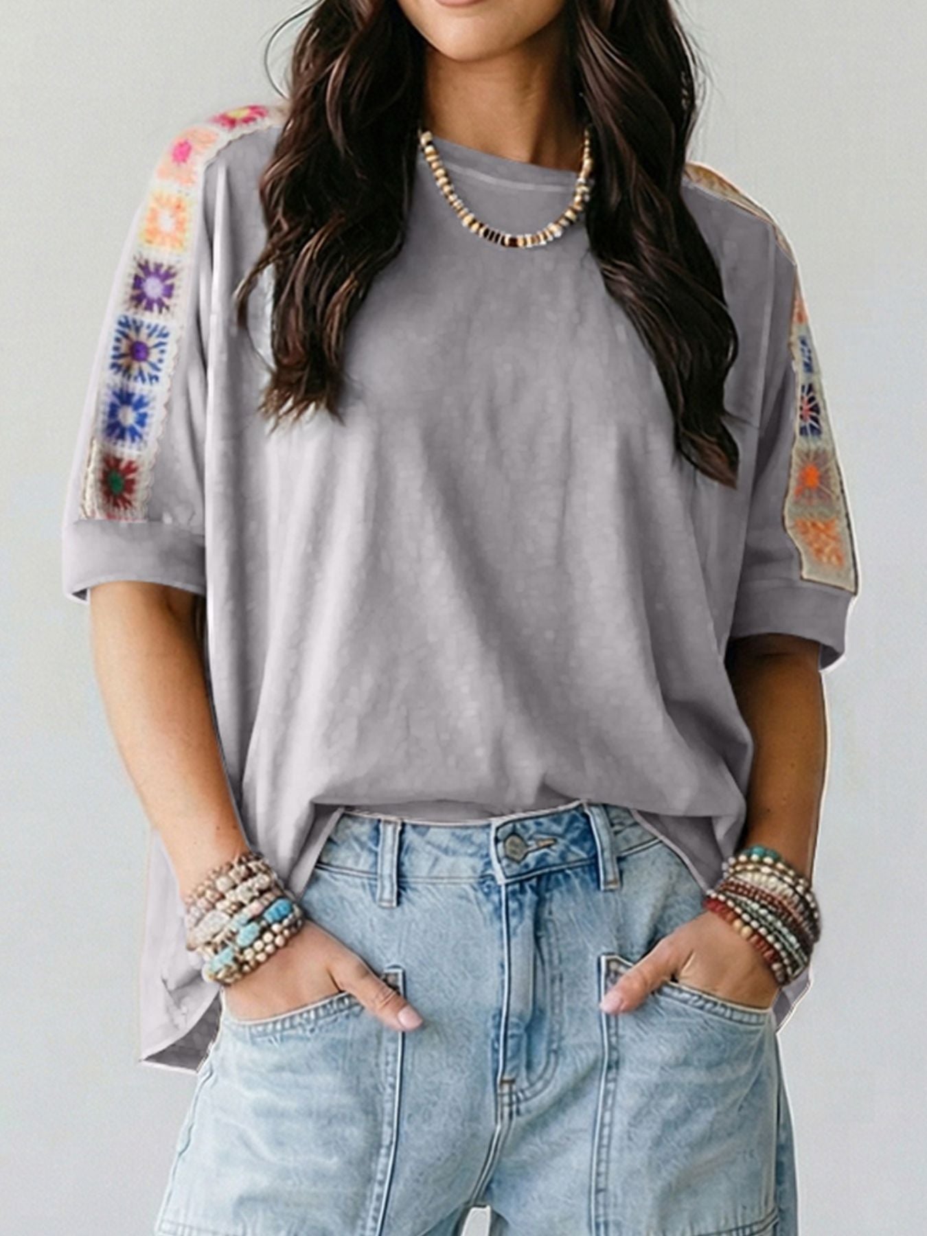 Square Crochet Detail Loose T Shirt
