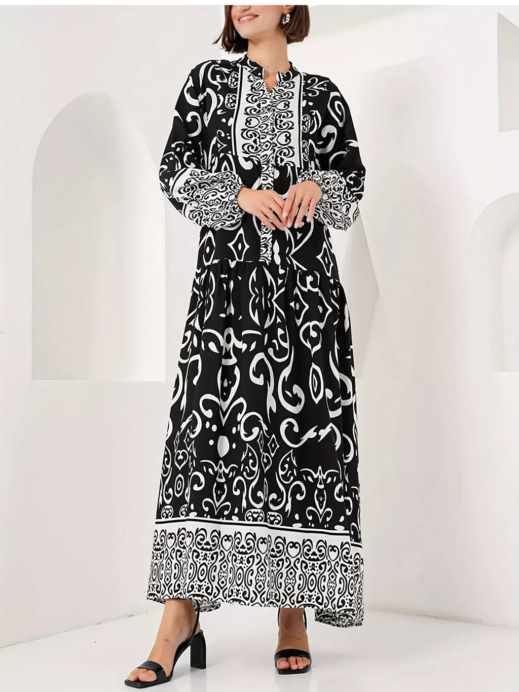 Printed Notched Balloon Sleeve Maxi Dress