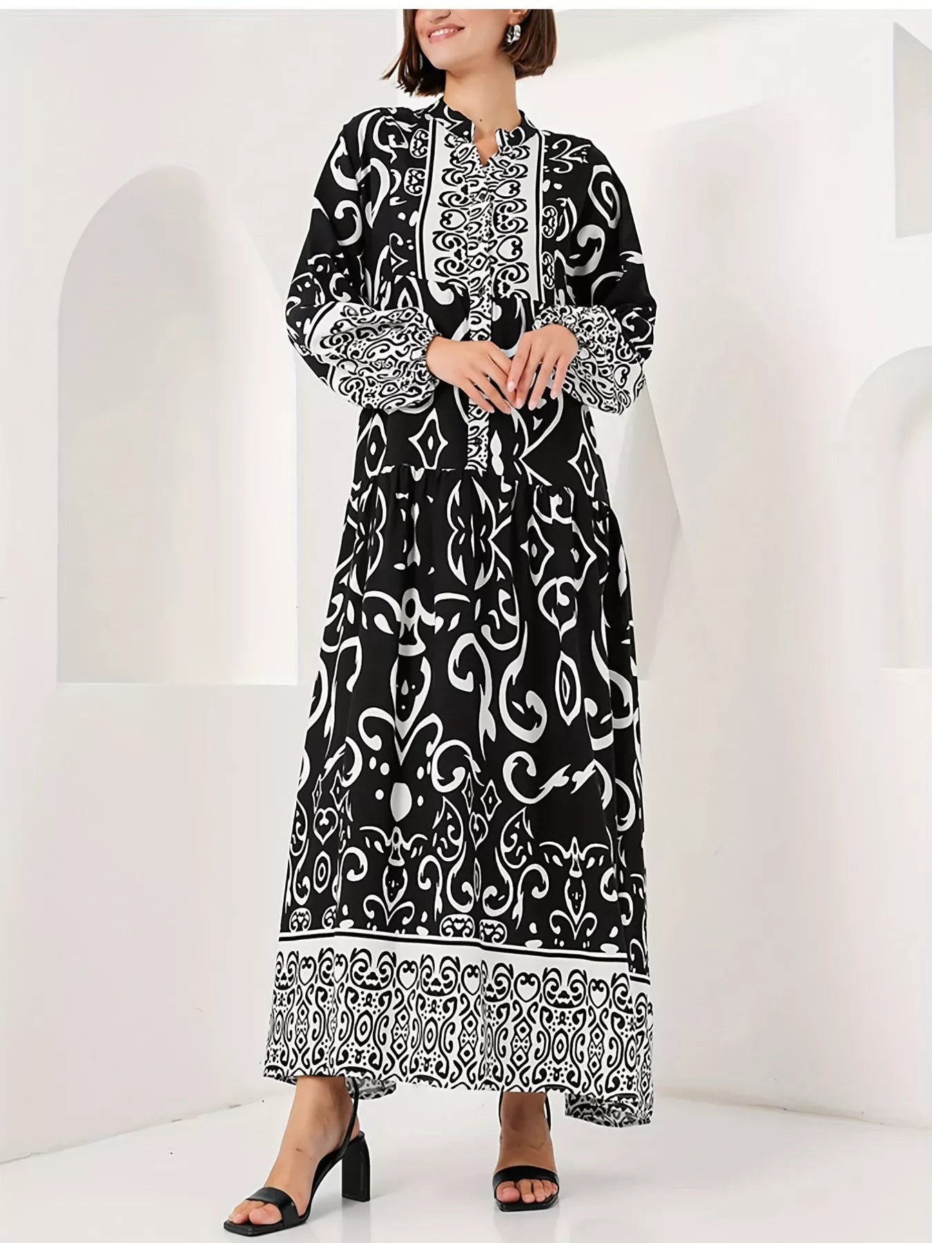 Printed Notched Balloon Sleeve Maxi Dress