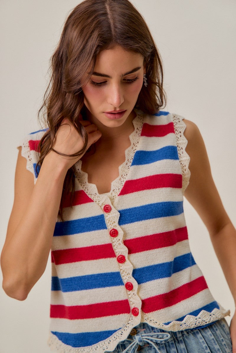 SO ME Fourth Of July Stripe Button Down Vest Top