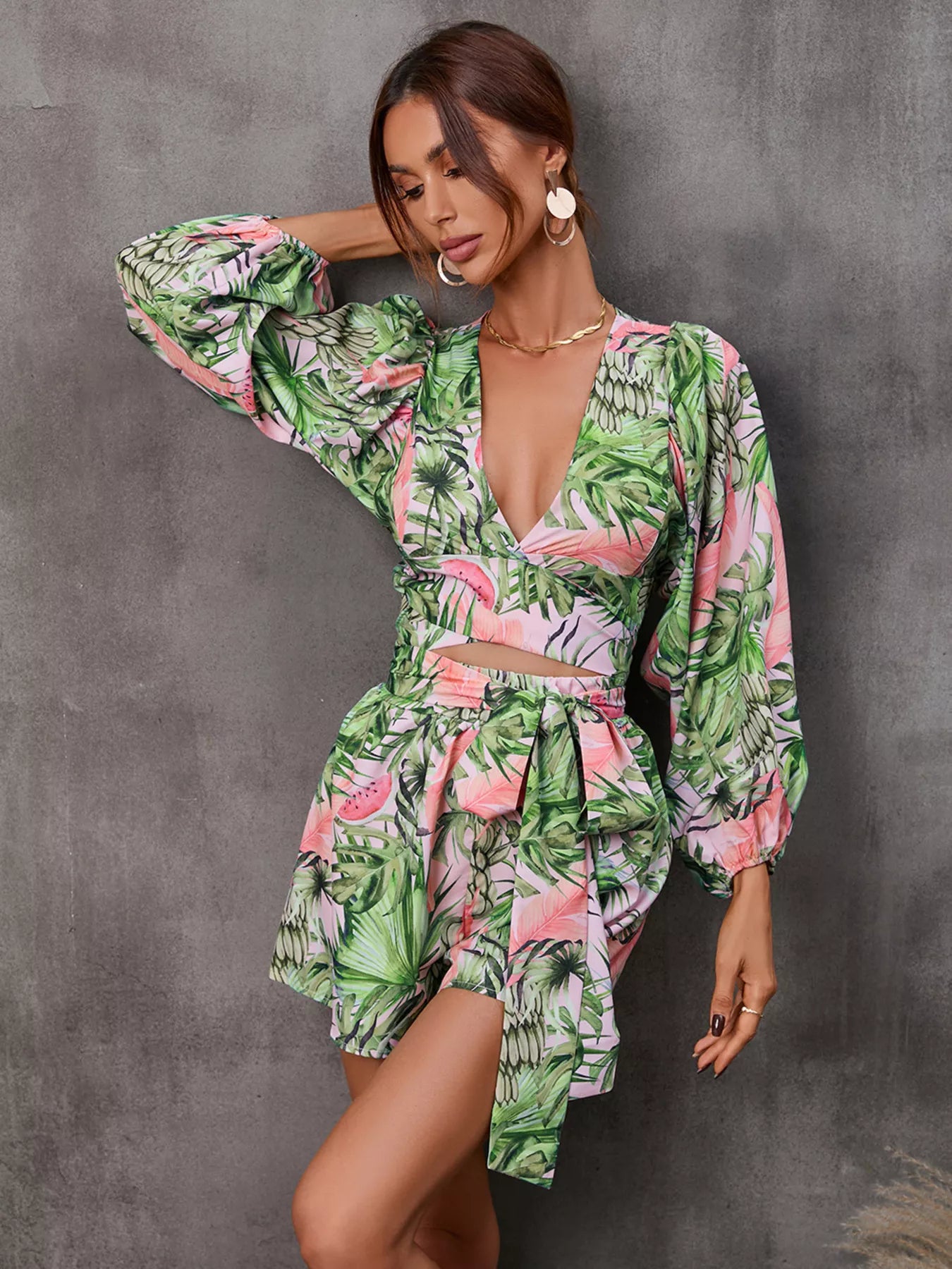 Cutout Front Printed Long Sleeve Romper