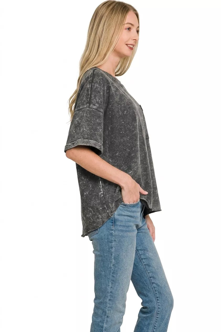 Zenana French Terry Acid Washed Exposed Seam T-shirts