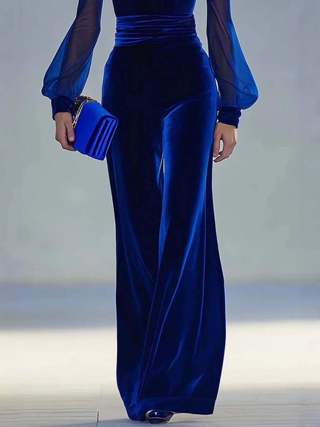 Velvet Wide Leg Jumpsuit with Sheer Sleeves