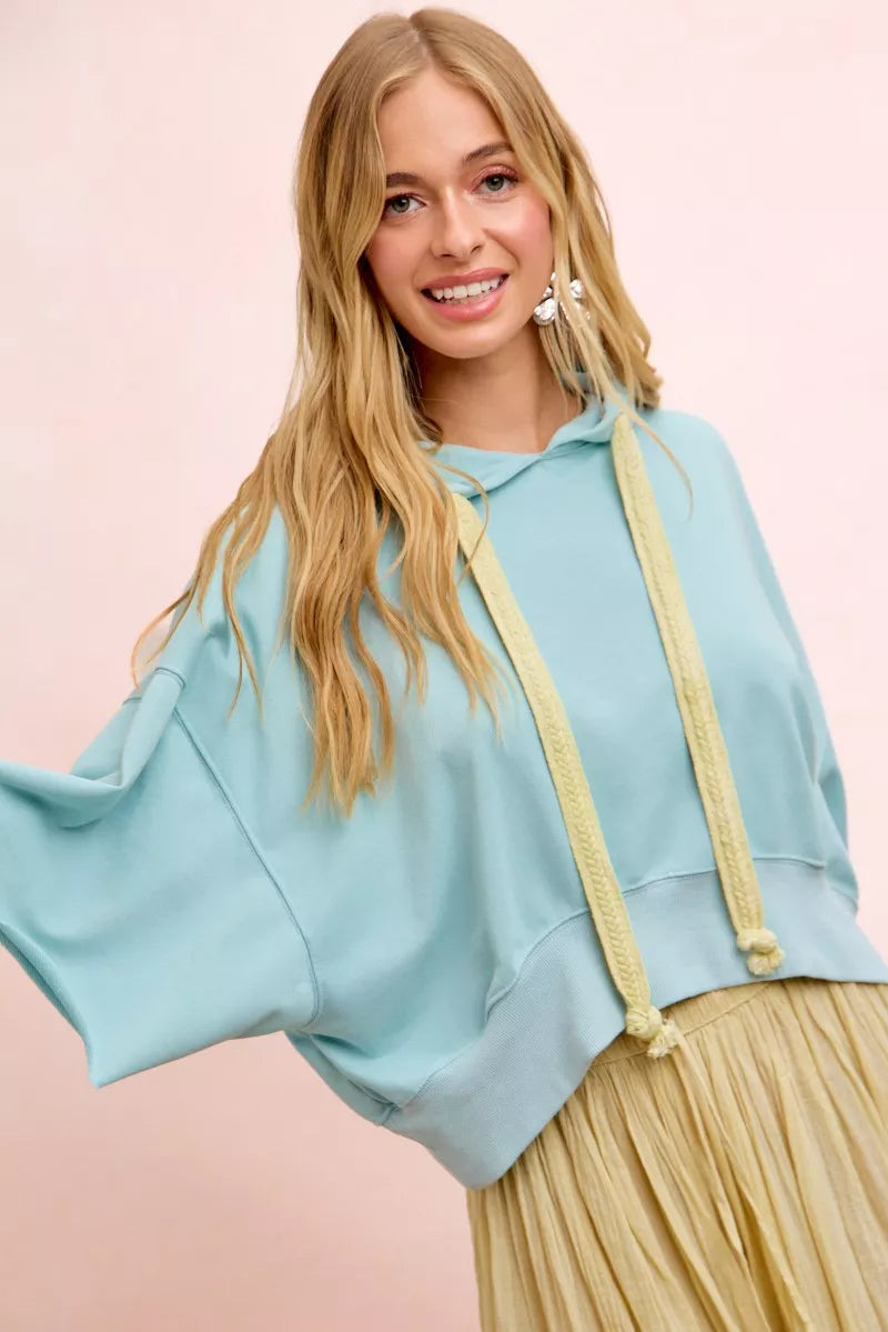 BiBi Washed Terry Short Sleeve Drawstring Hoodie Top
