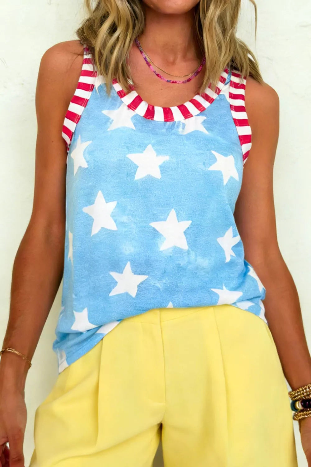 Tie Dye Star Print Striped Trim Round Neck Casual Tank Top
