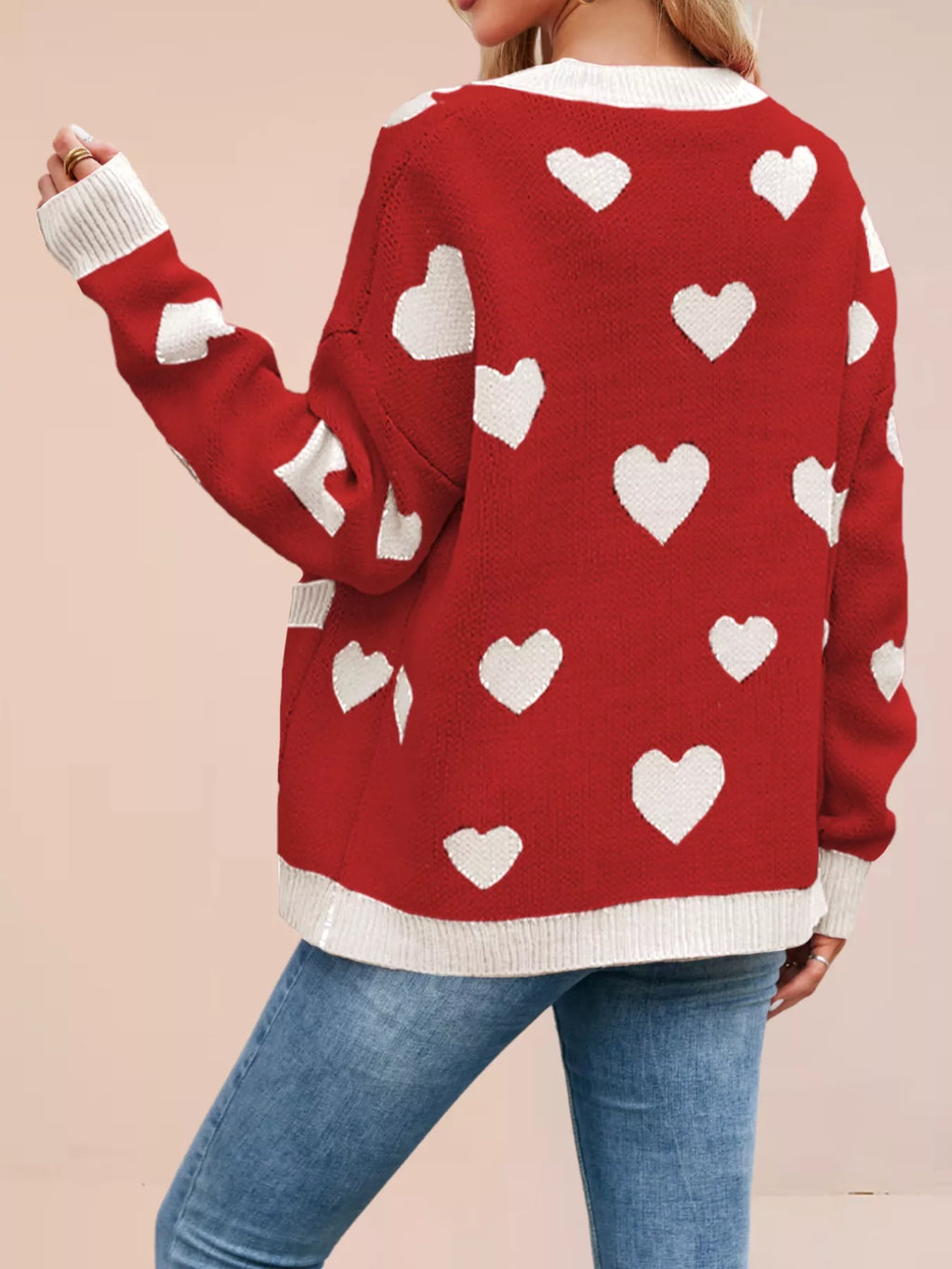 Heart Pattern Button-Up Knit Cardigan
