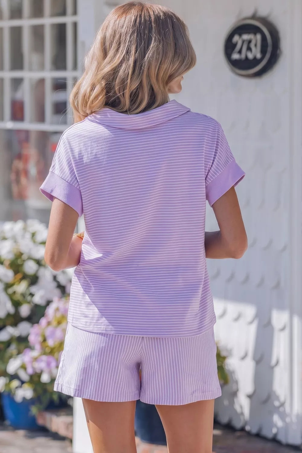Stripe Dolman Sleeve Polo Shirt and Drawstring Shorts Set