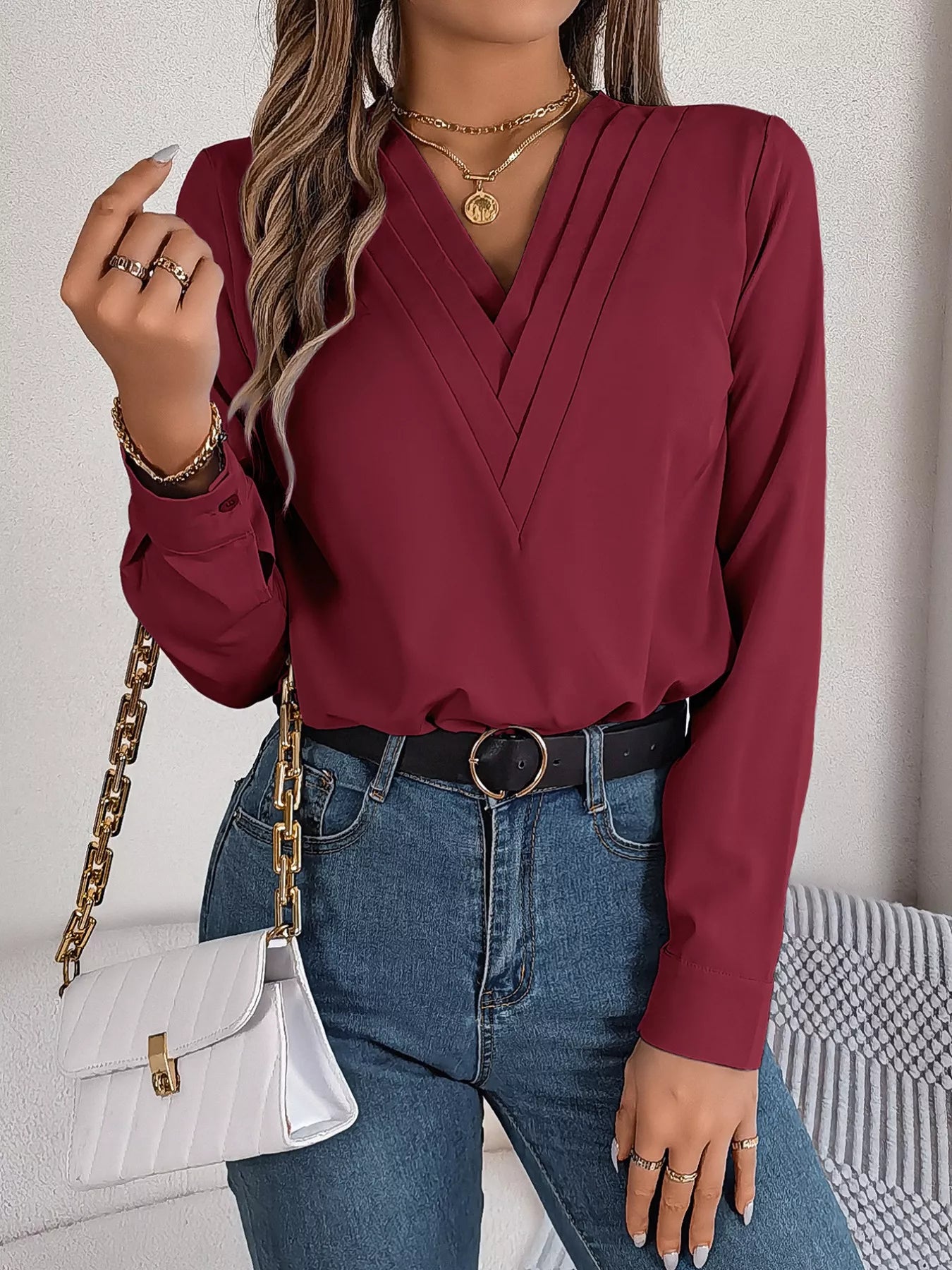 Layered V-Neck Long Sleeve Blouse
