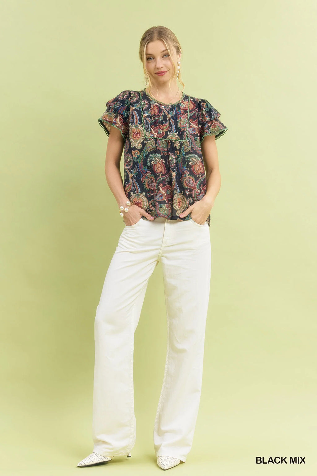 Umgee Mix Paisley Ruffle Sleeve Top