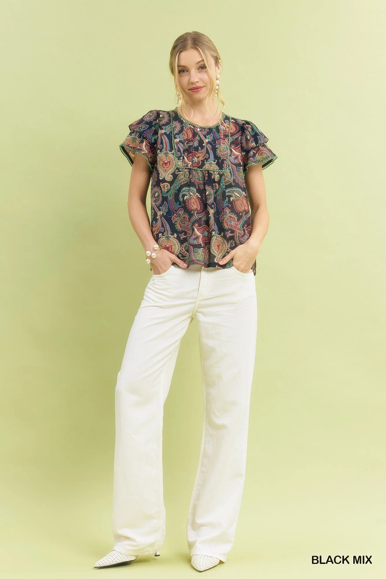 Umgee Mix Paisley Ruffle Sleeve Top