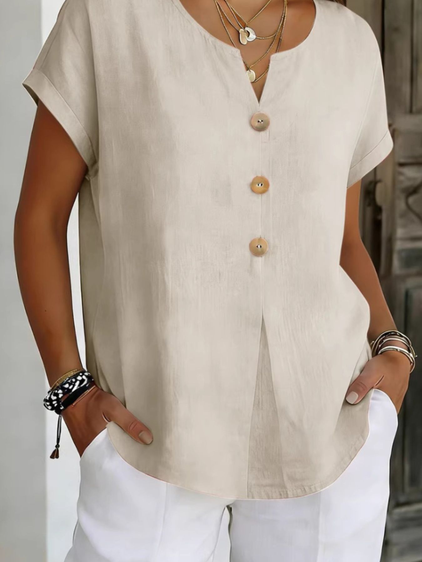 Decor Button Short Sleeve Blouse