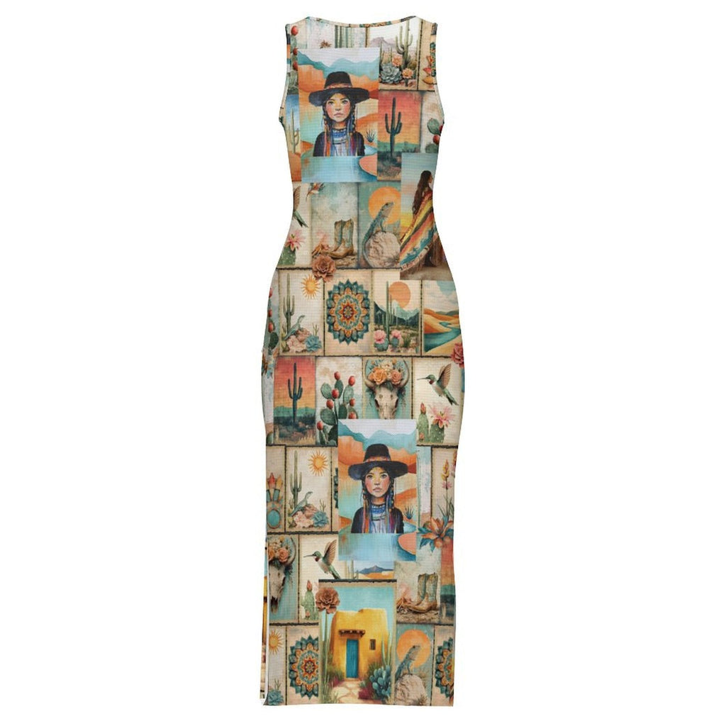 Baha Ranch Colores de Mexico Pictures of the Southwest Sleeveless Bodycon Side Slit Long Dress