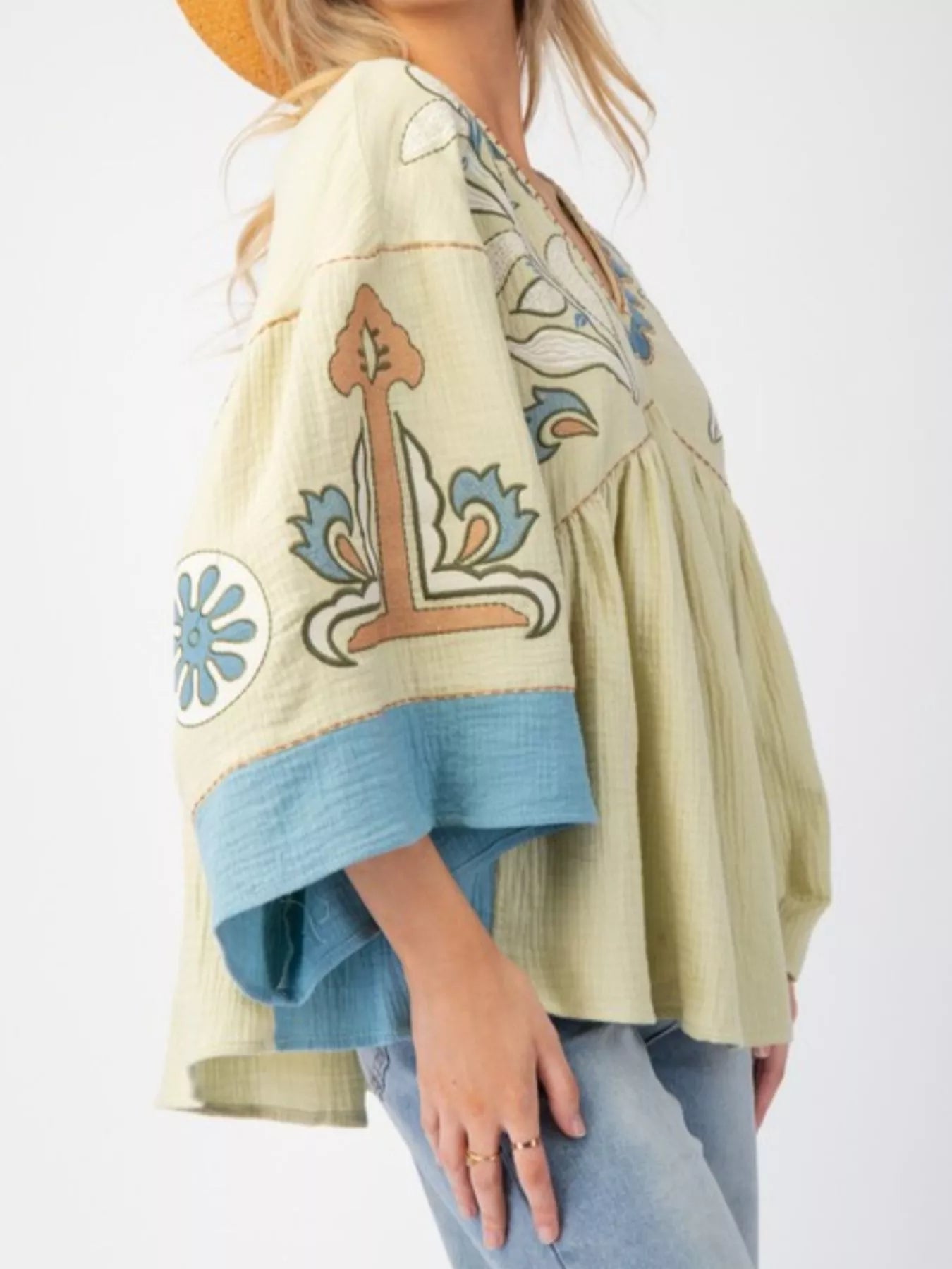 Printed V-Neck Top with Contrast Trim Details