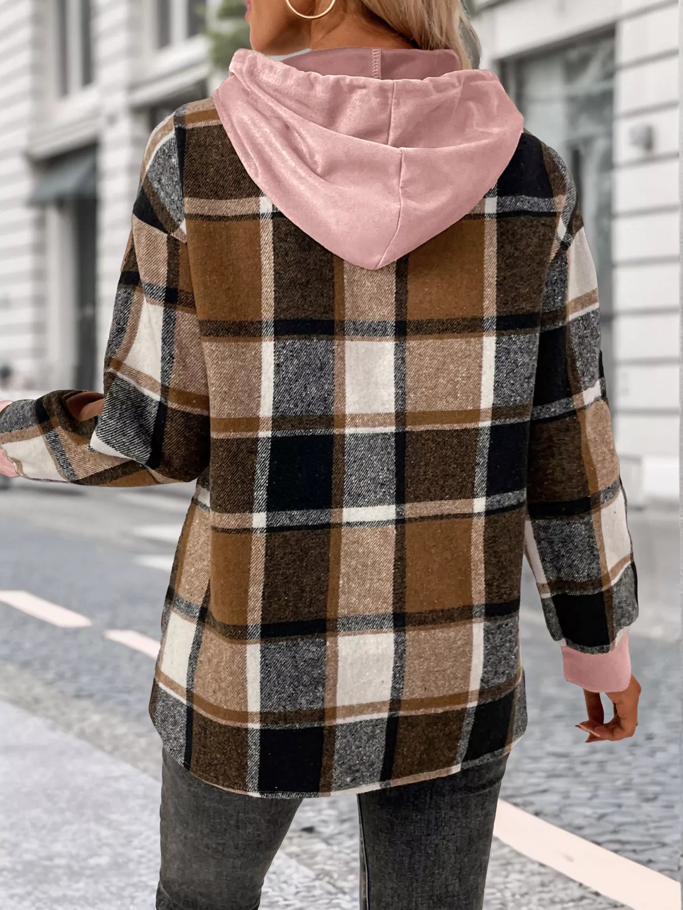 Plaid Drawstring Long Sleeve Hoodie