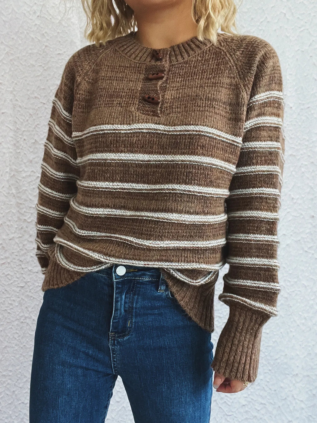 Striped Button Detail Long Sleeve Sweater