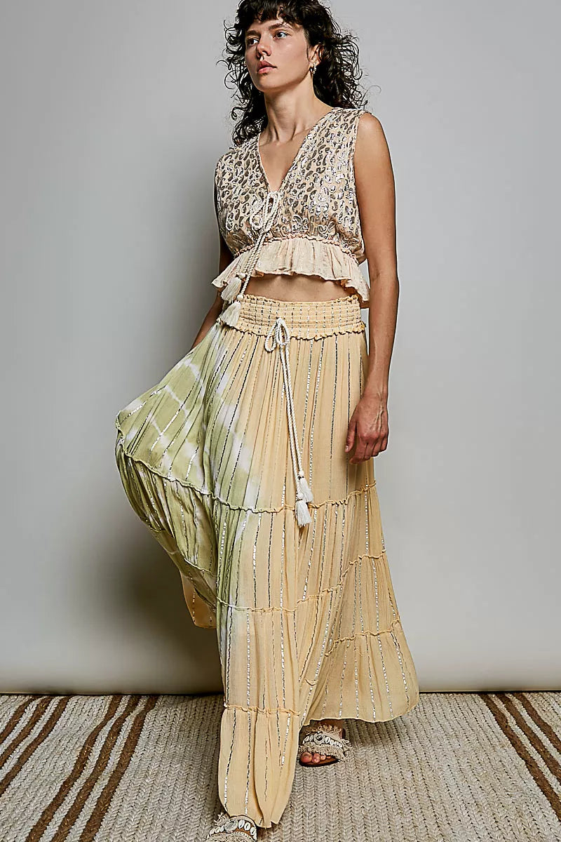POL Shimmer Pattern Deep V Tie Front Tassel Ruffle Hem Sleeveless Crop Top