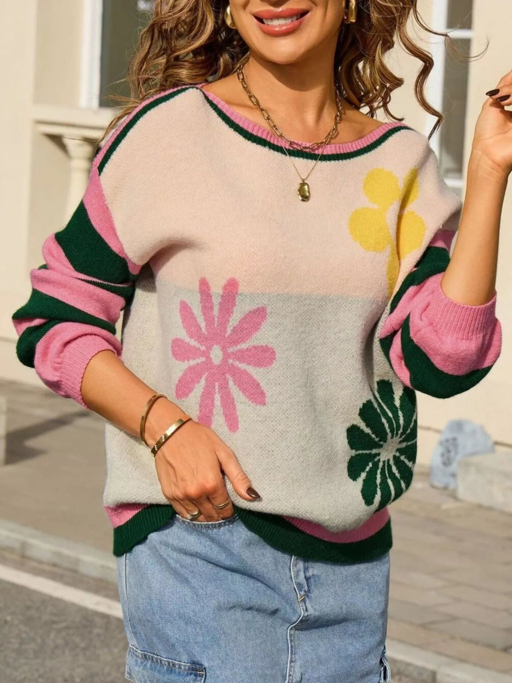 Floral Striped Sleeve Round Neck Sweater