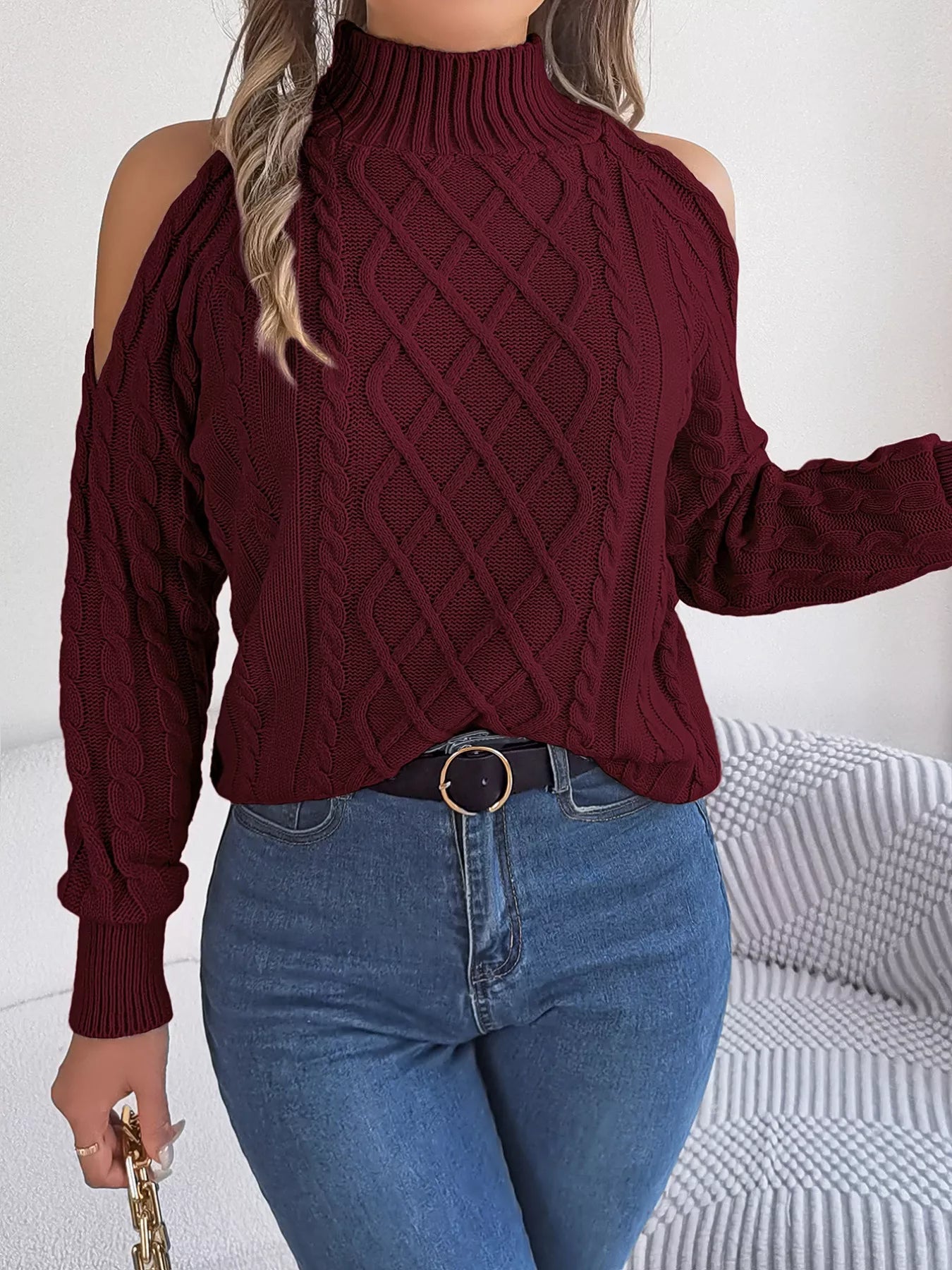 Cable Knit Cold Shoulder Turtleneck Sweater