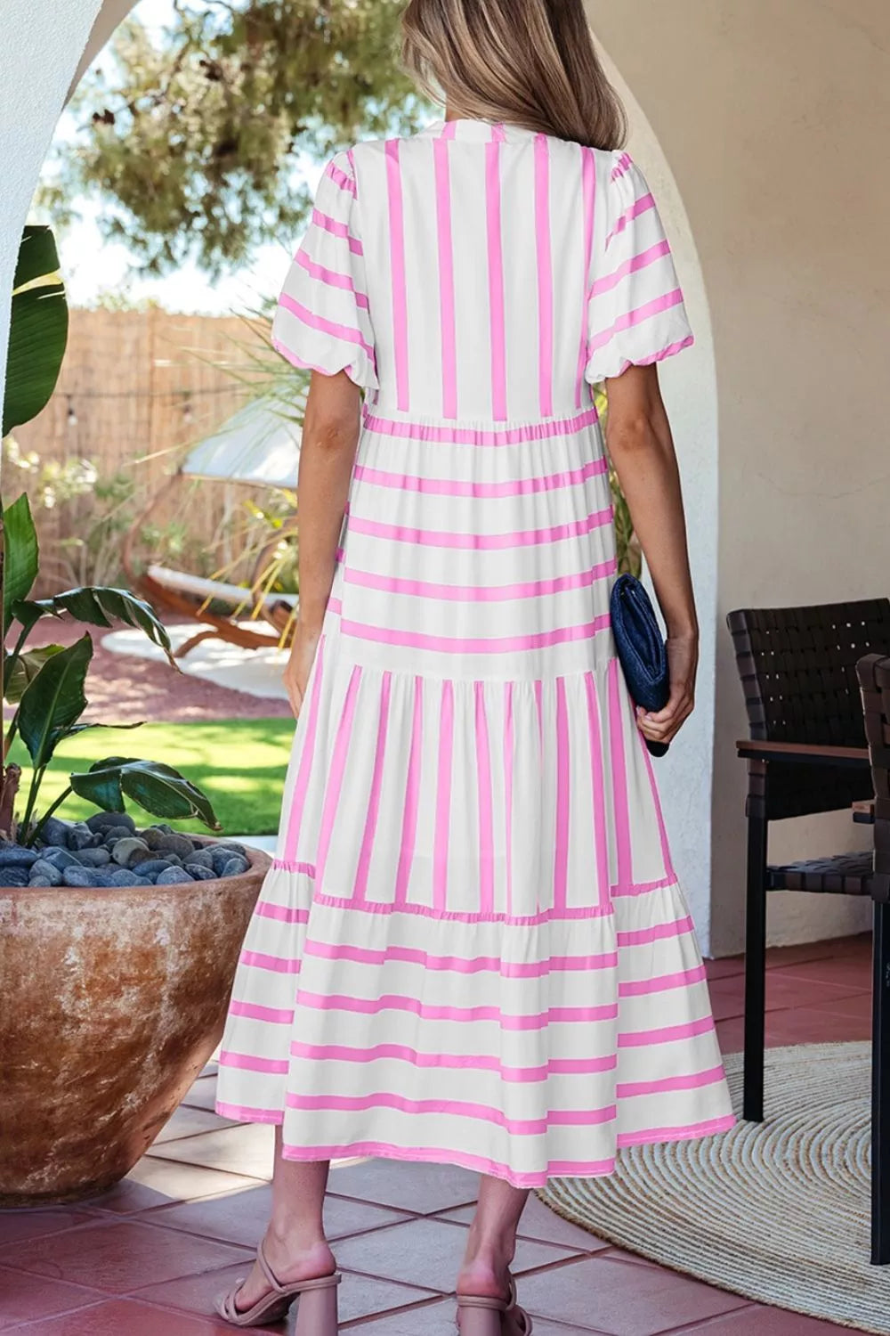 Stripe Ricrac Trim Notched Neck Half Sleeve Dress