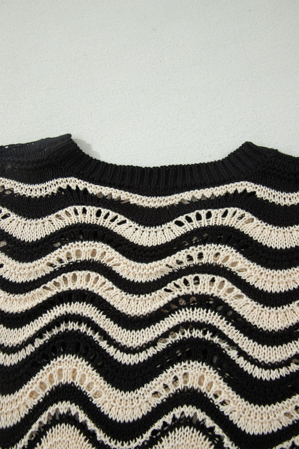 Wavy Stripe Ruffle 3/4 Sleeve Crochet Sweater