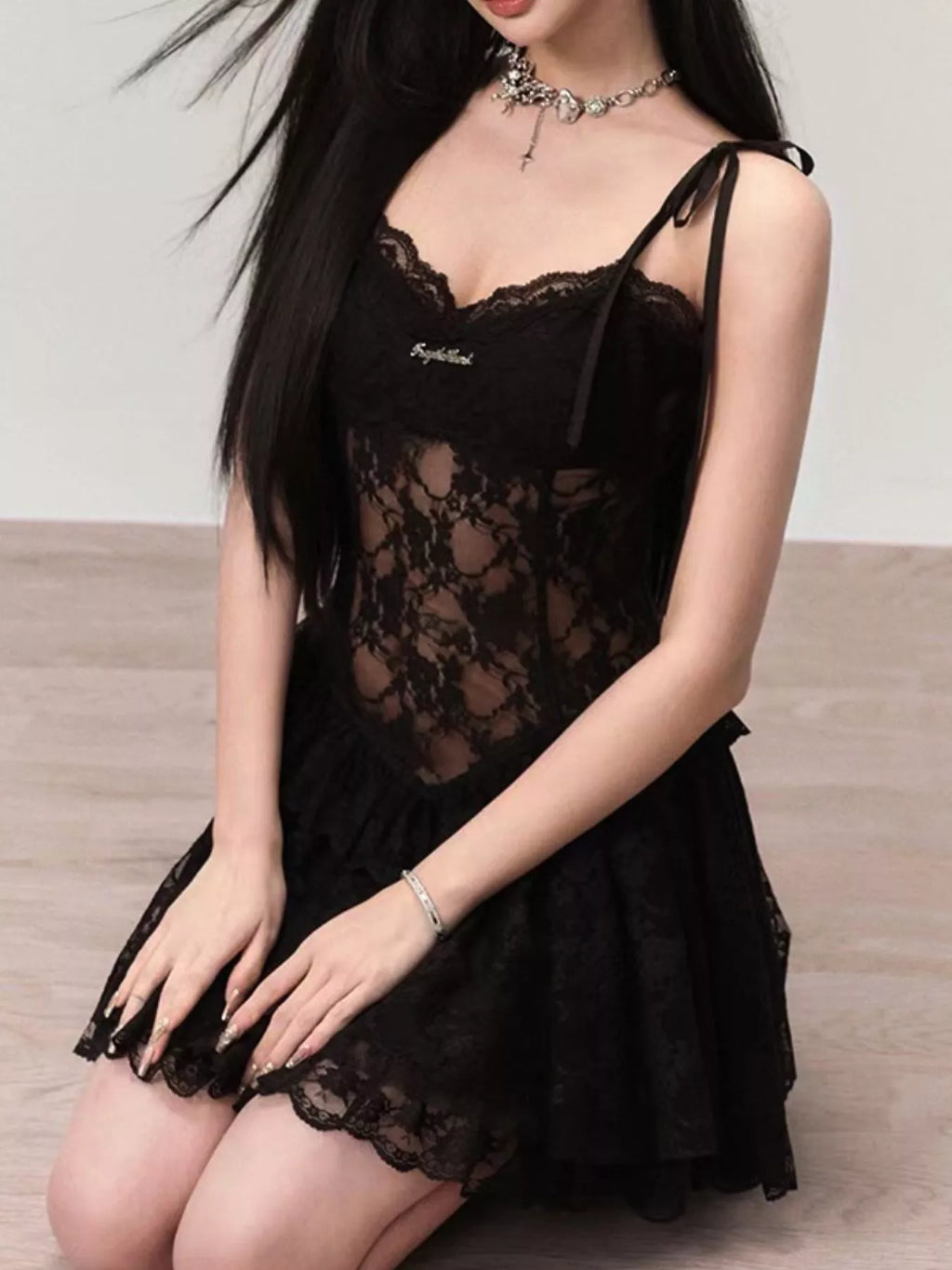 Lace Tie Shoulder Mini Dress