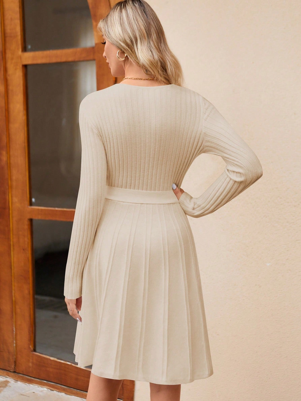 Women's Wrap A-Line Knit Dress Long Sleeve