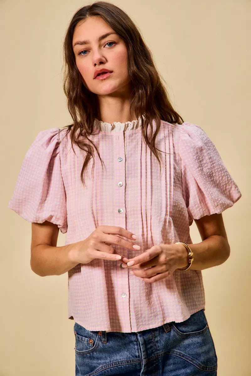 SO ME Gingham Lace Trim Button Bubble Sleeves Blouse