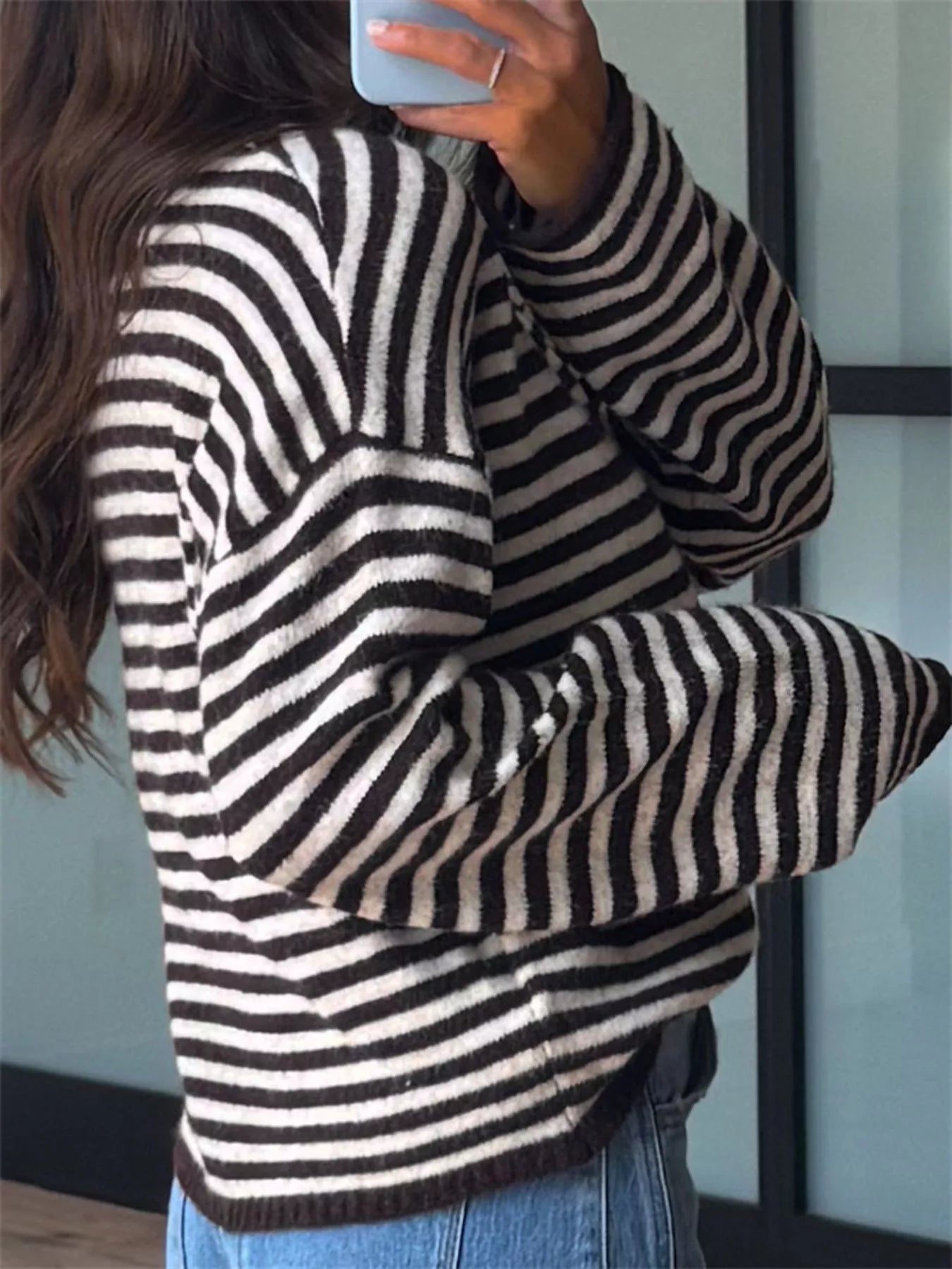 Button Detail Dropped Shoulder Striped Sweater
