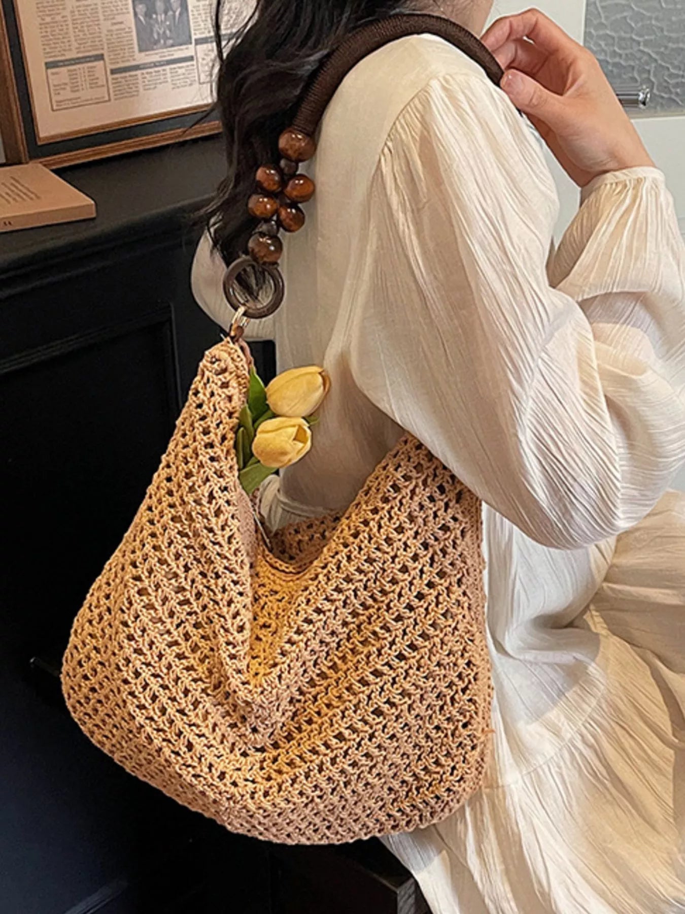Knitted Shoulder Bag with Wooden Bead Handle