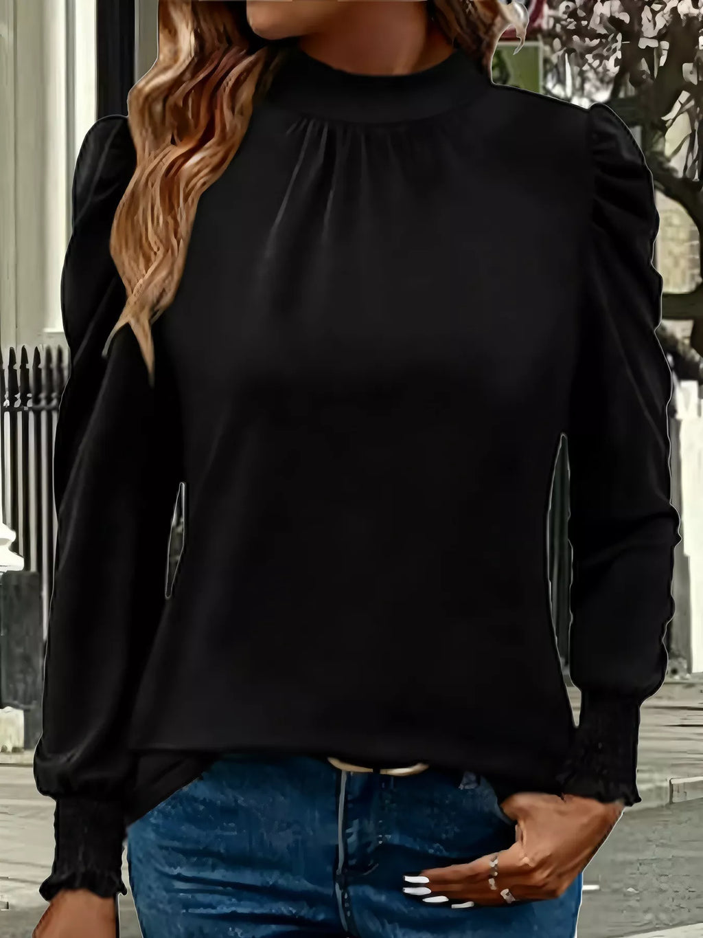Mock Neck Puff Sleeve Blouse