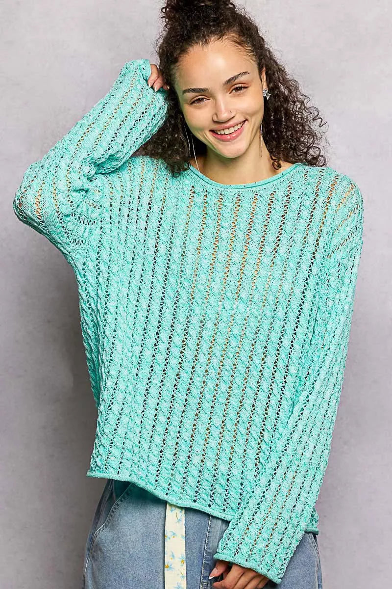 POL Openwork Round Neck Knit Top with Shiny Detail