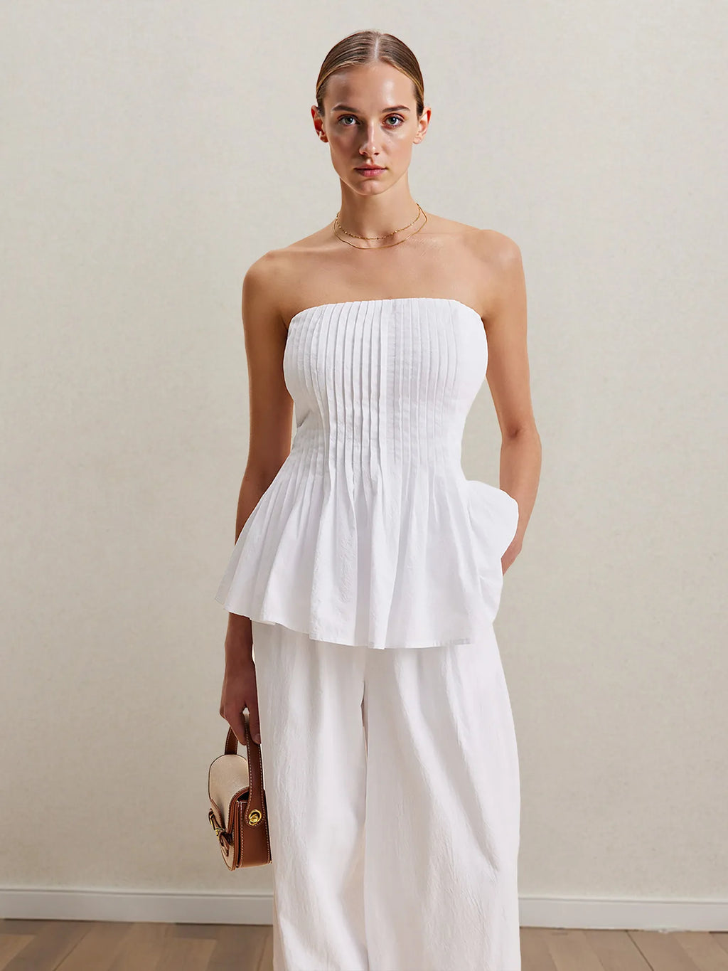Strapless Peplum Top and Wide Leg Pants Set