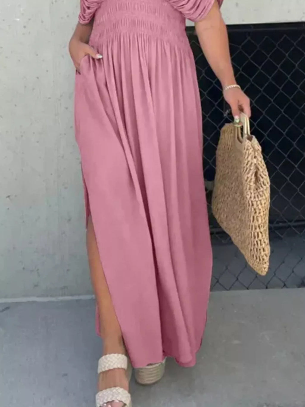 Full Size Slit V-Neck Smocked Waist Maxi Dress Plus Size