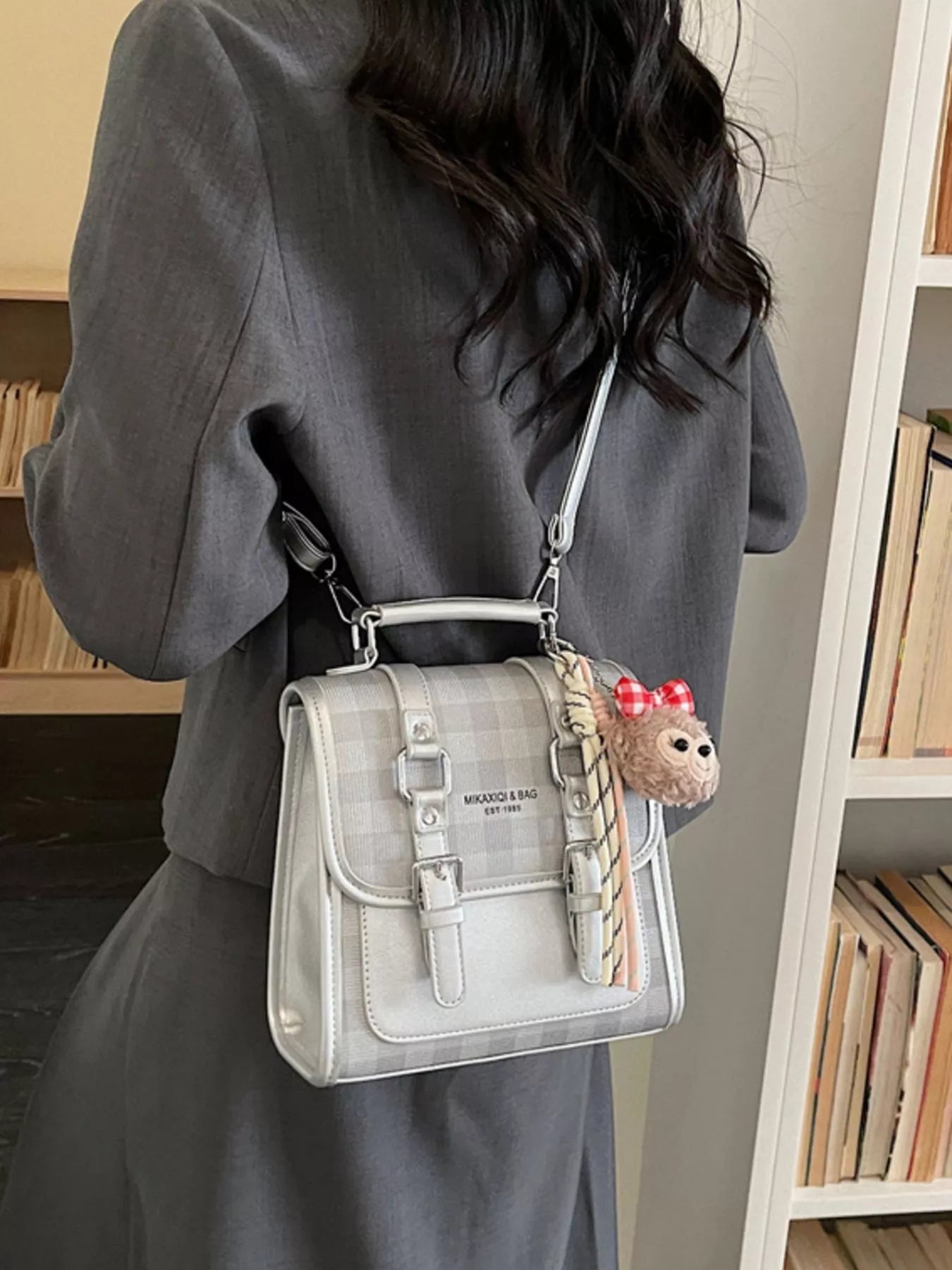 Plaid Backpack Bag with Charm