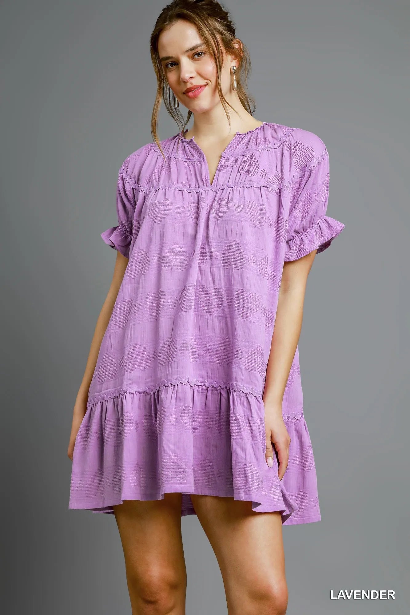 Umgee Heart Pattern Short Sleeve Ruffle Babydoll Dress