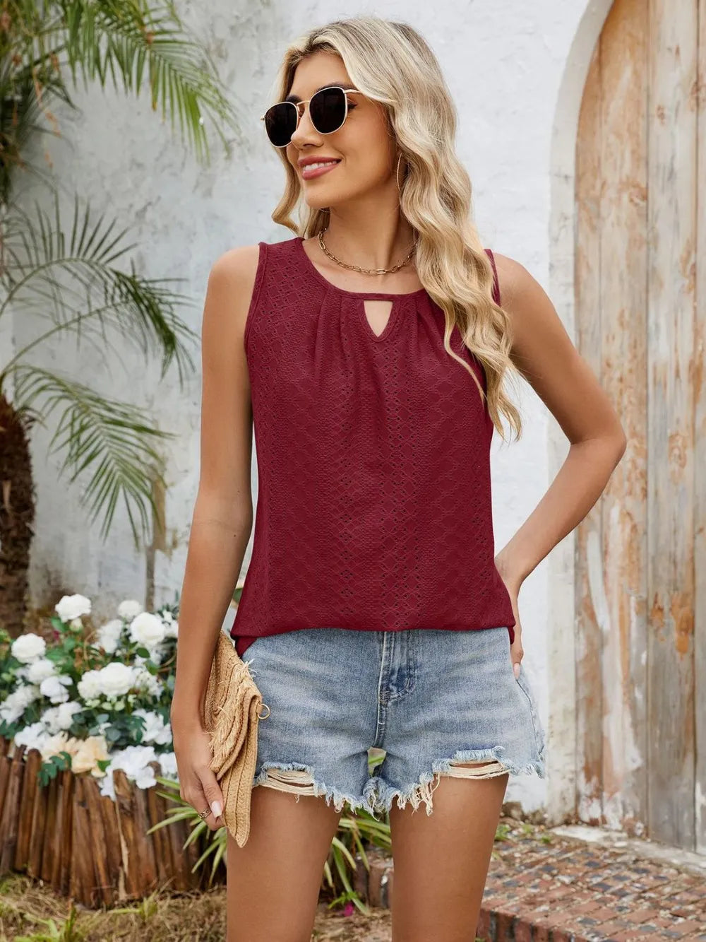 Eyelet Cutout Round Neck Tank