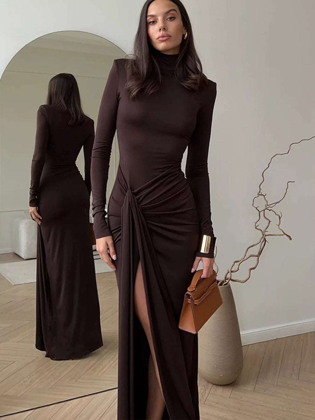 Turtleneck Long Sleeve Tie Waist Maxi Dress