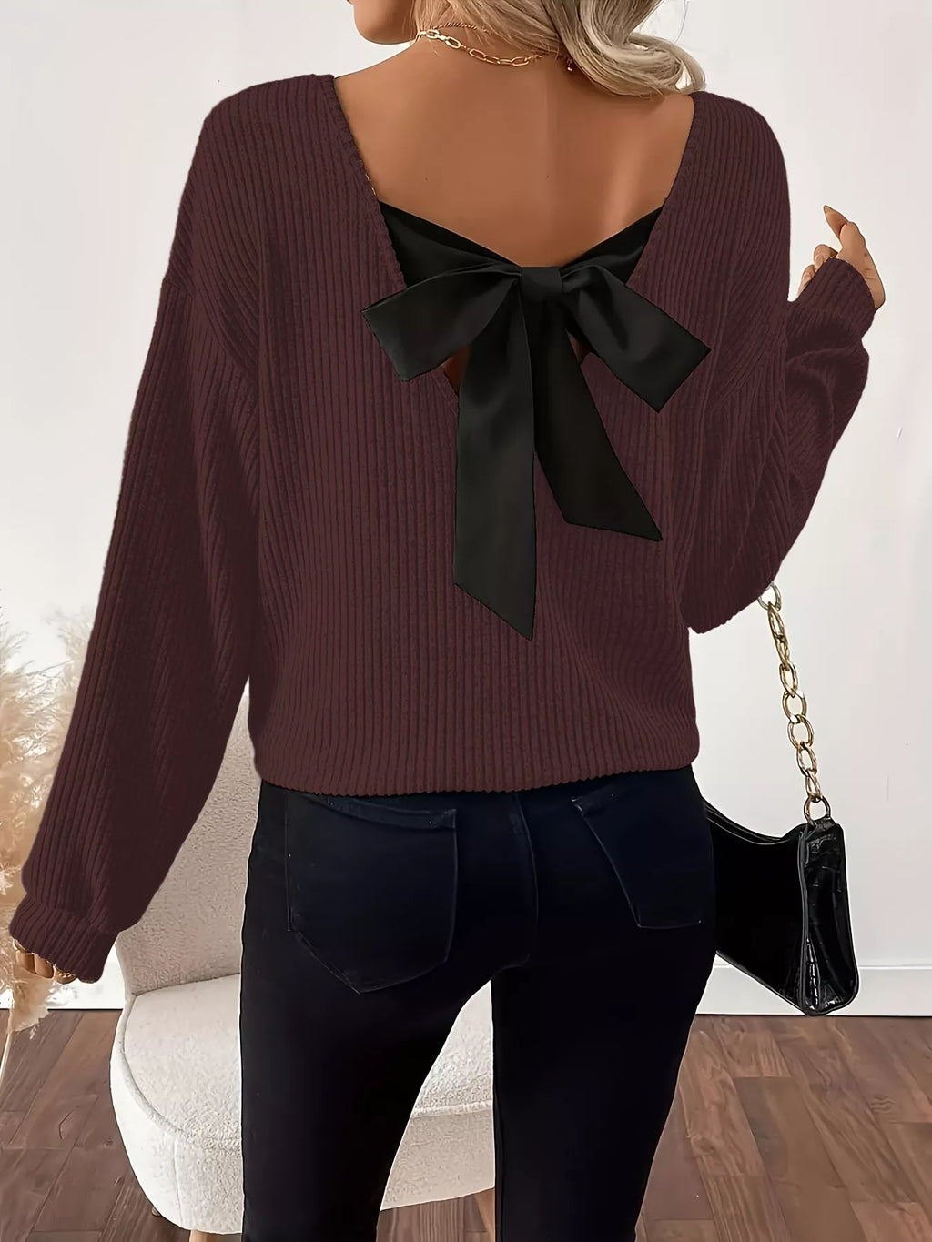 Full Size Ribbed Knit Backless Bow T-Shirt Plus Size