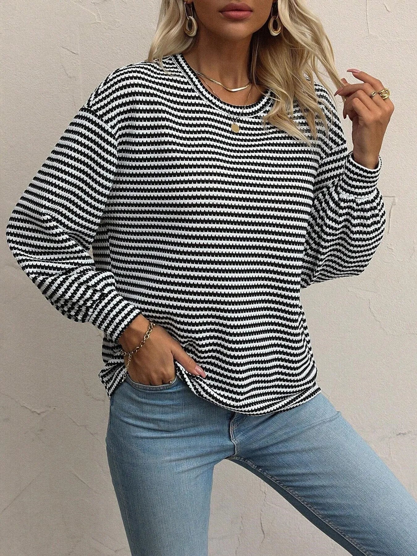 Striped Round Neck Lantern Sleeve Top