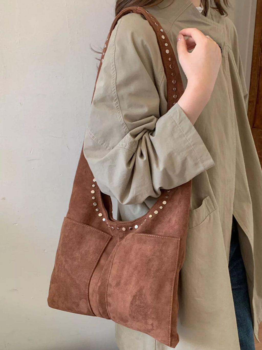 Studded Suede Shoulder Bag